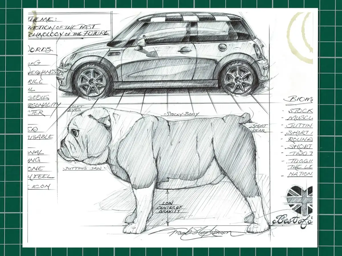 Sketch original de Frank Stephenson comparando el Mini con un bulldog