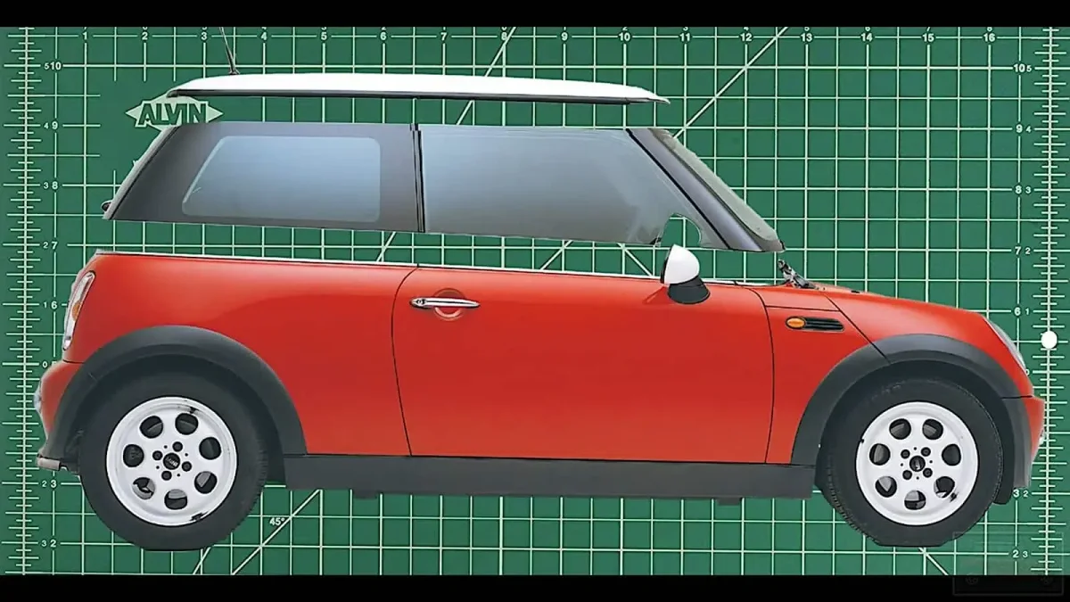 Perfil lateral del Mini sobre tablero de medición mostrando los tres niveles de la carrocería